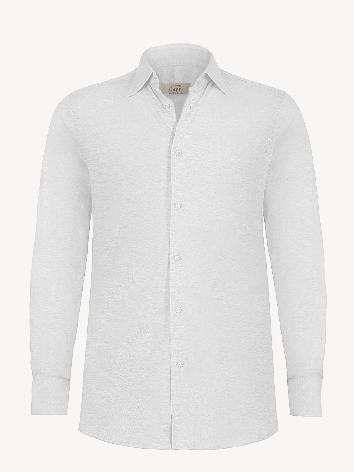 Long sleeve white linen shirt, front view – 100% Capri