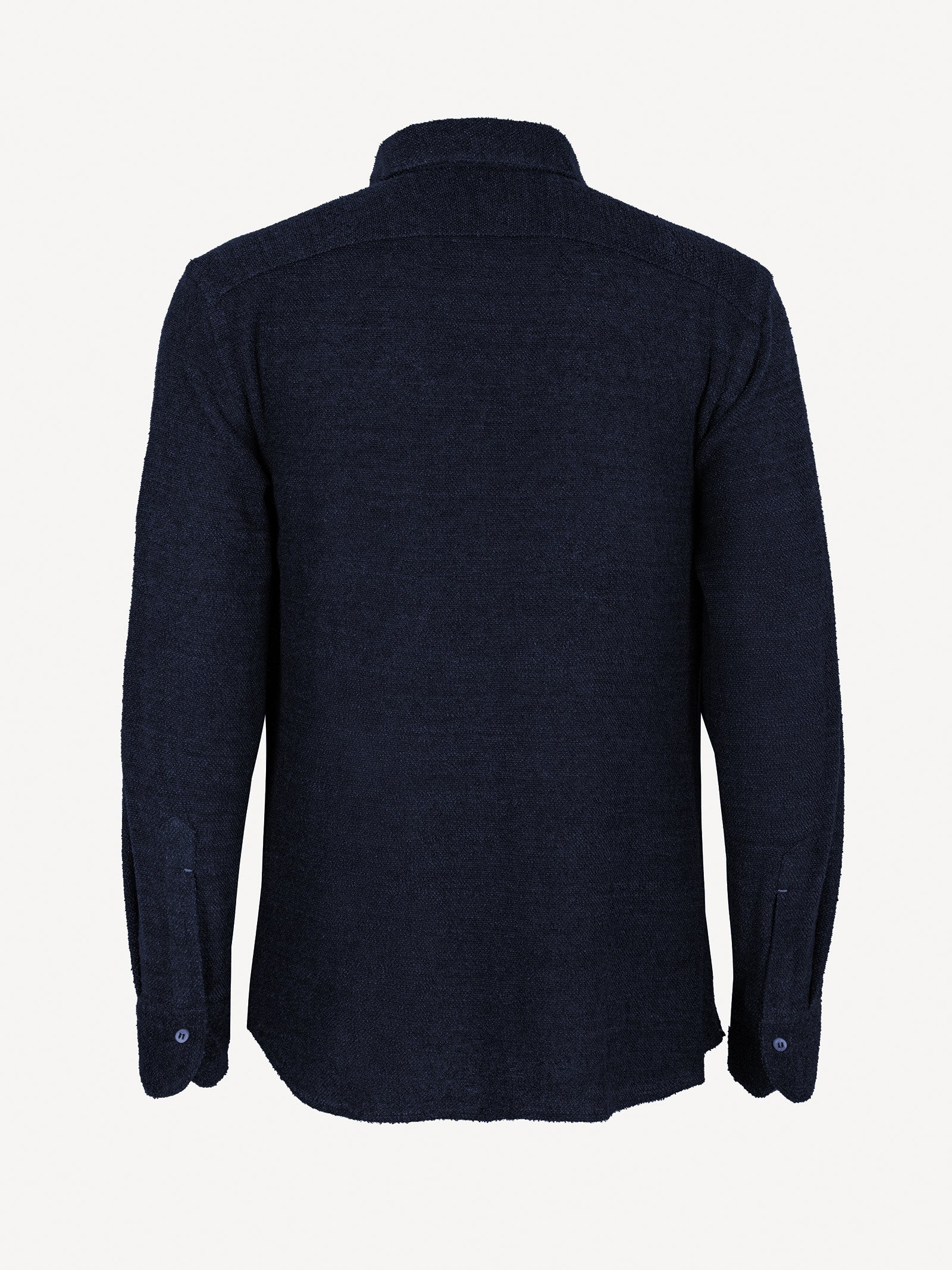Man Terry blue linen terry shirt, back view – 100% Capri