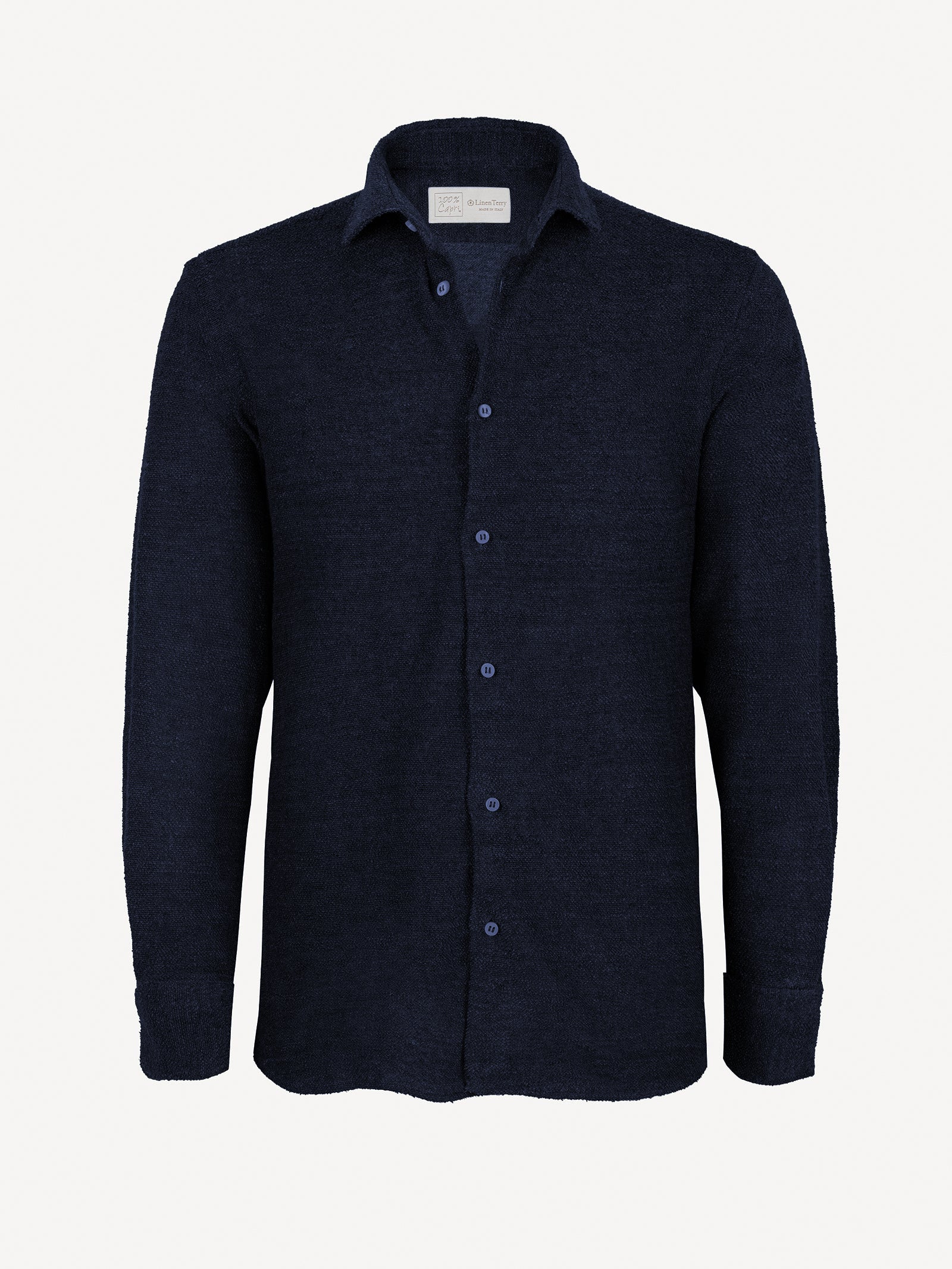 Man Terry blue linen terry shirt, front view – 100% Capri