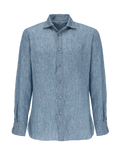 Reversible linen shirt for man 100% Capri linen dark jeans shirt front side 1