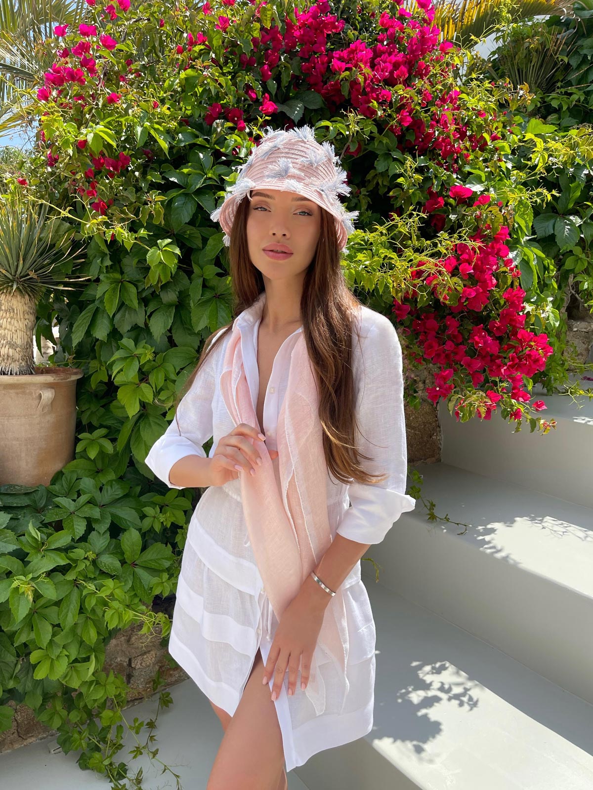 Rhombus Scarf for Woman 100% Capri pink and white linen scarf worn by model