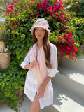 Rhombus Scarf for Woman 100% Capri pink and white linen scarf worn by model