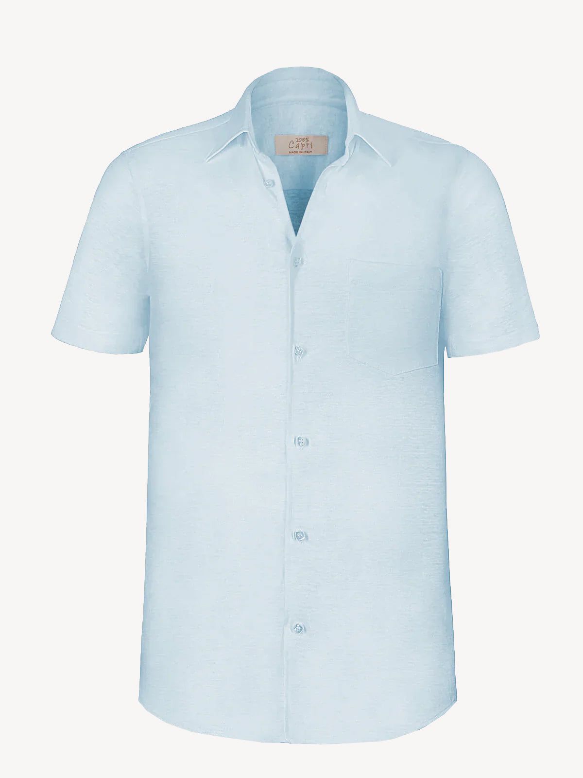 Short sleeve aquamarine linen shirt, front view – 100% Capri
