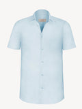 Short sleeve aquamarine linen shirt, front view – 100% Capri