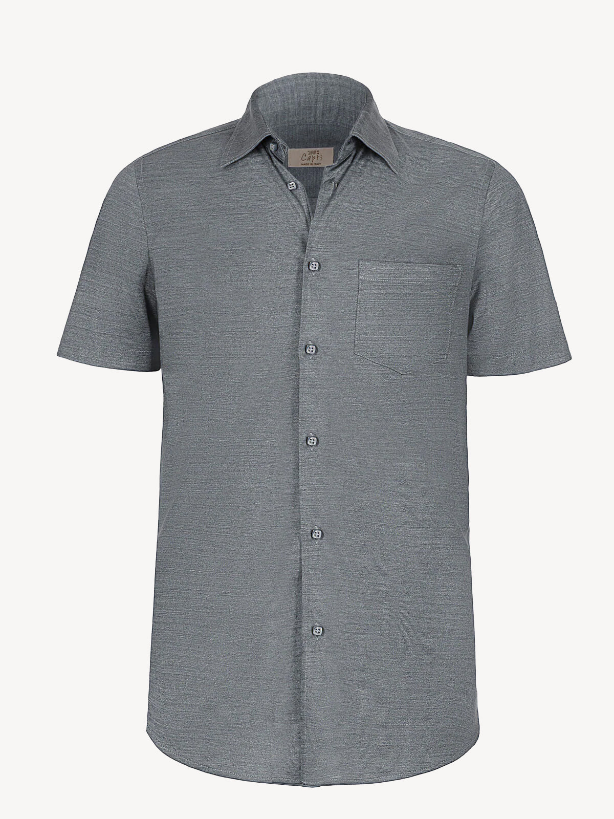 Short sleeve dark grey linen shirt, front view – 100% Capri