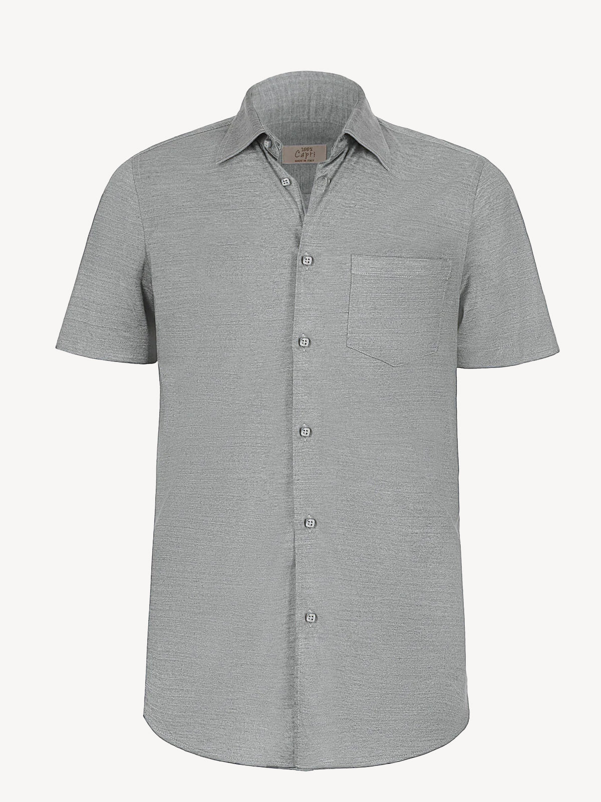 Short sleeve light grey linen shirt, front view – 100% Capri