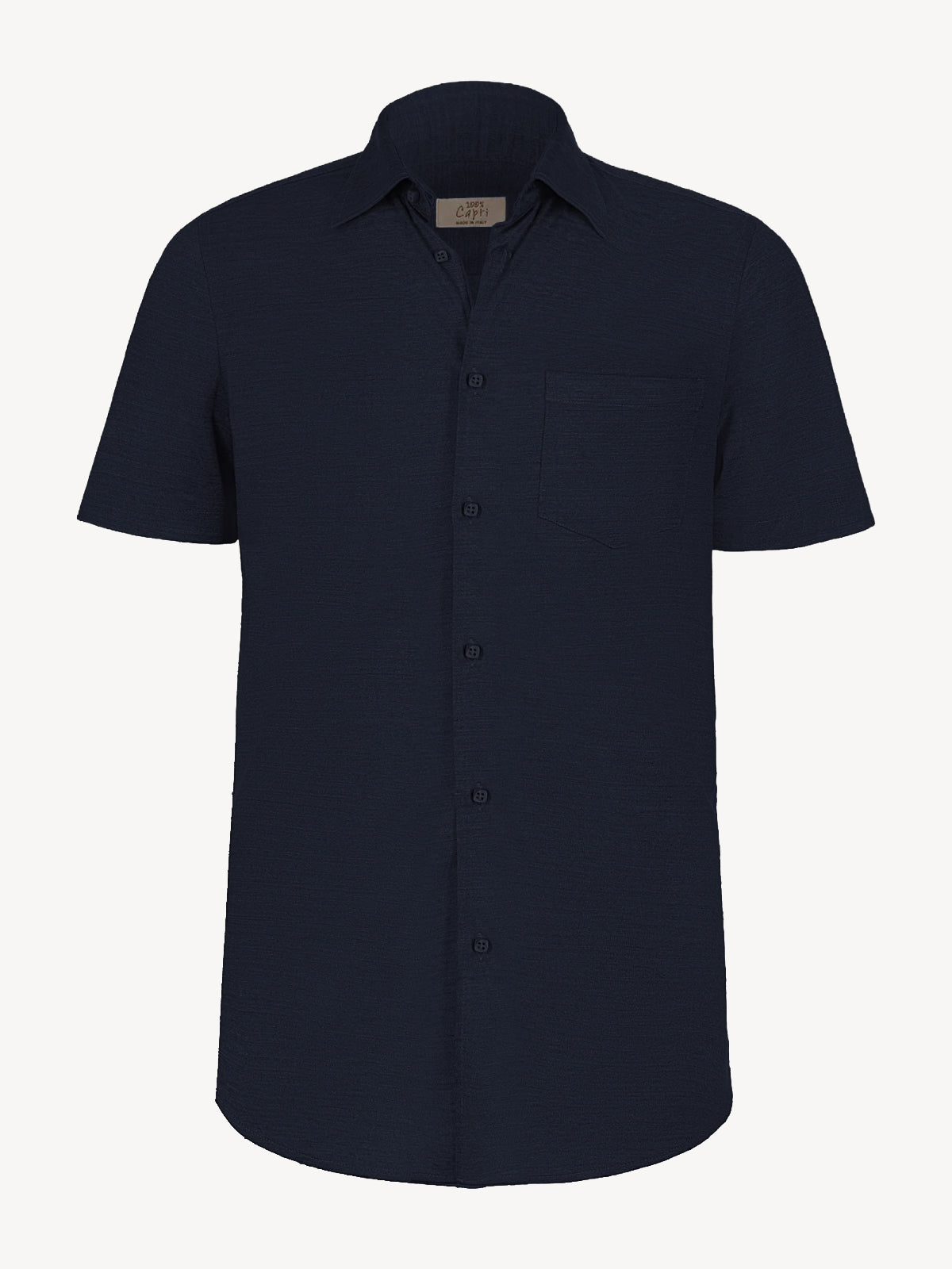 Short sleeve blue linen shirt, front view – 100% Capri