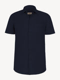 Short sleeve blue linen shirt, front view – 100% Capri