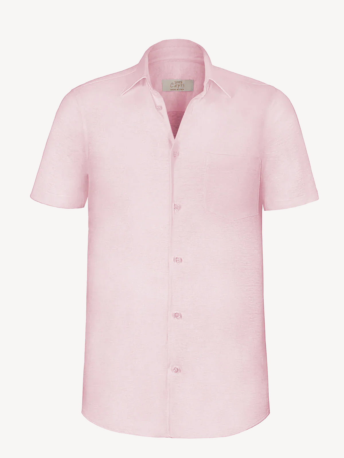 Short sleeve pink linen shirt, front view – 100% Capri
