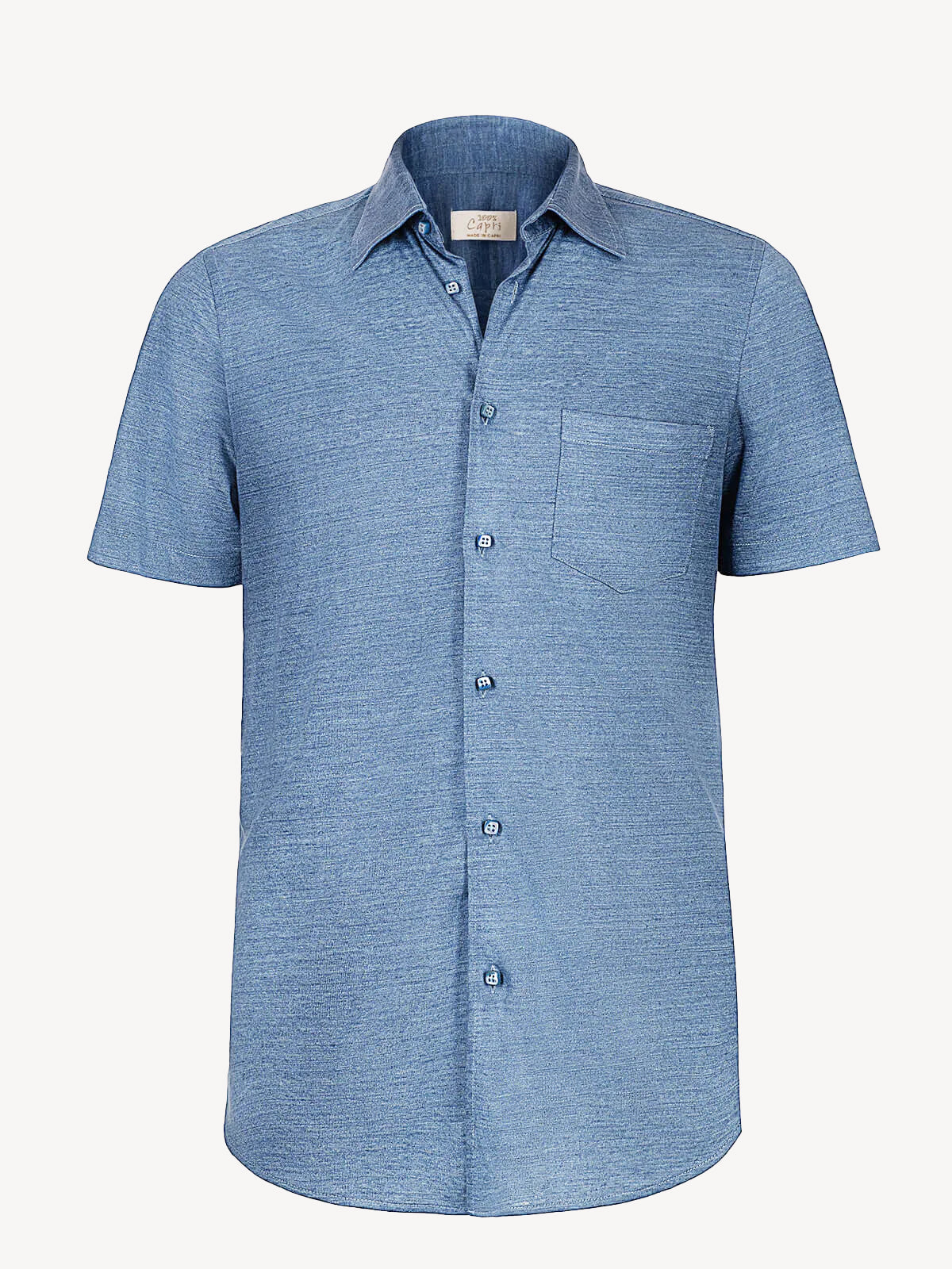 Short sleeve jeans linen shirt, front view – 100% Capri