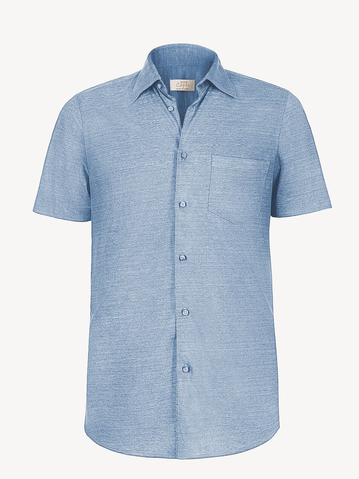 Short sleeve light jeans linen shirt, front view – 100% Capri
