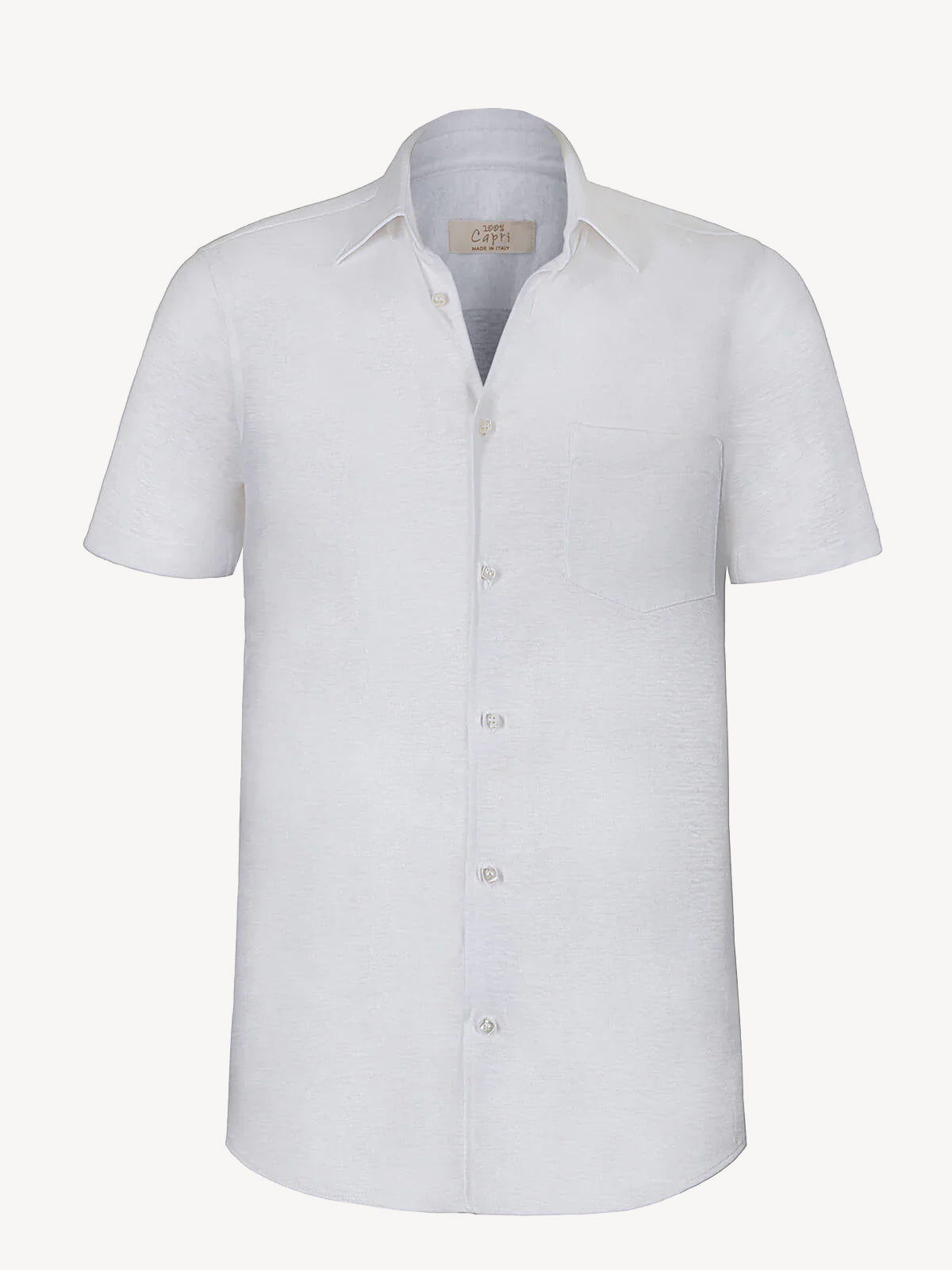Short sleeve white linen shirt, front view – 100% Capri