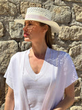 Top Portofino 100% Capri pink linen top worn by model