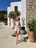Tuta Zip  for woman 100% Capri pink linen jumpsuit worn by model