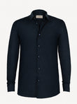 Long sleeve blue linen shirt, front view – 100% Capri