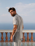 Camicia Short Sleeve 100% Capri light grey linen shirt back worn by model
