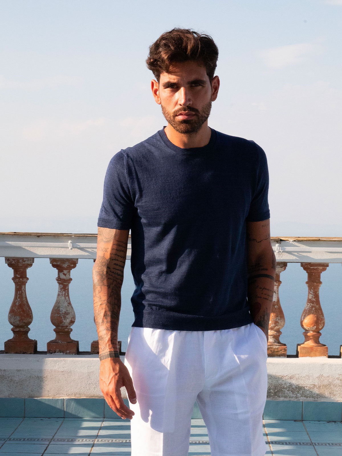 T-Shirt M/C 100% Capri blue linen t-shirt  worn by model