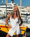 Tuta June 100% Capri white linen jumpsuit worn by model