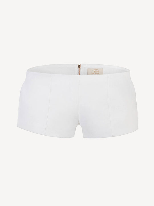 Front view of white women’s linen shorts with zip – 100% Capri