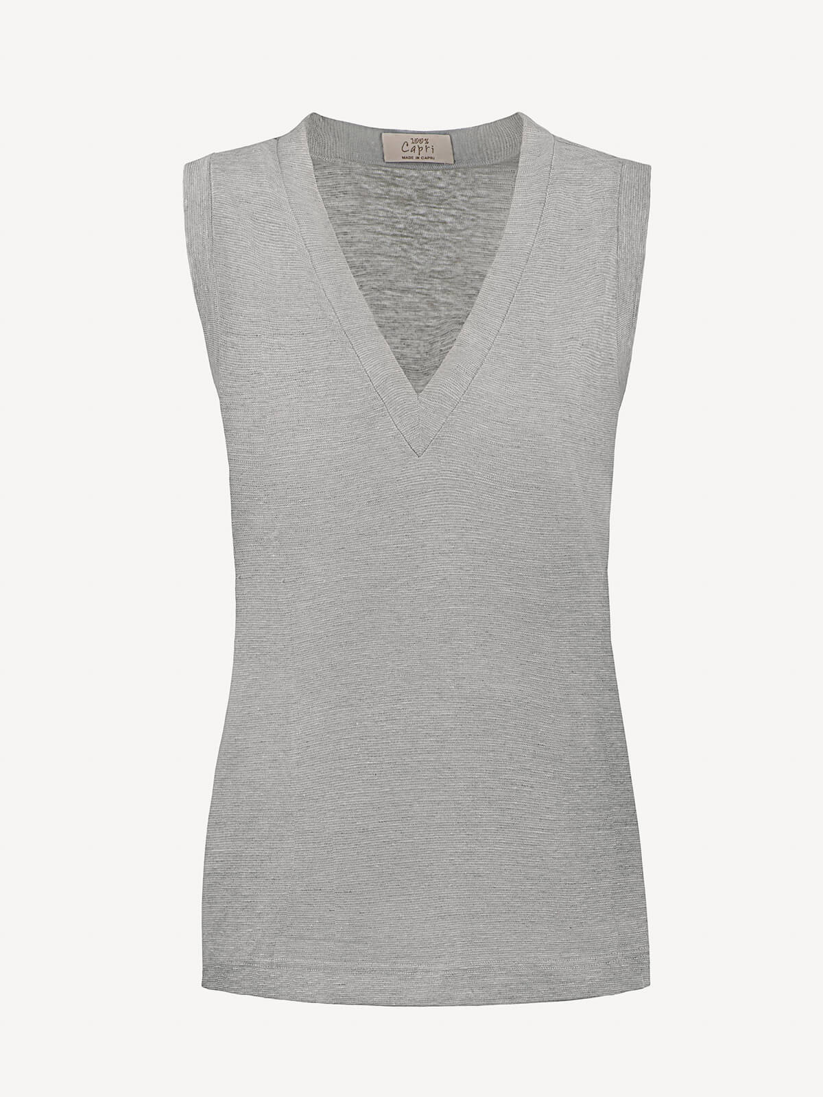 Top V for woman 100% Capri linen grey top front 