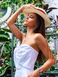 Tuta Fiona 100% Capri white linen jumpsuit worn by model