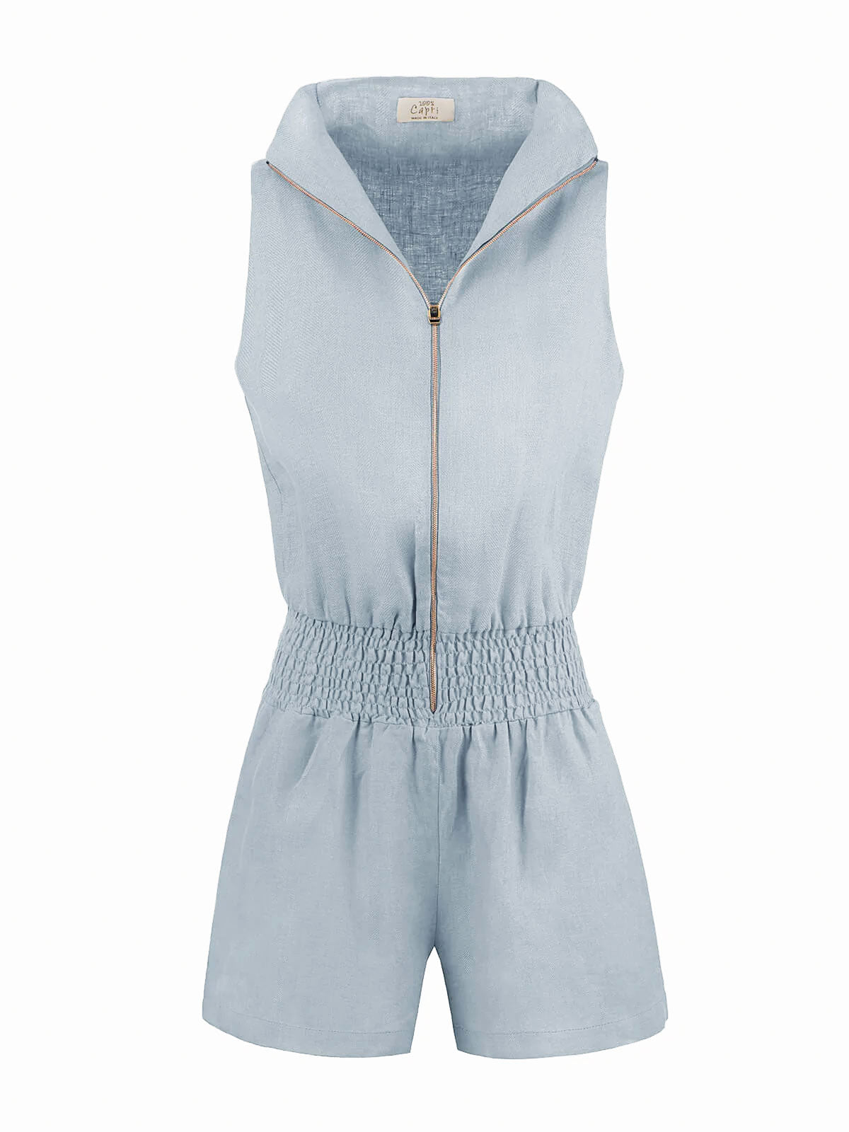 Tuta Zip for woman  100% Capri aquamarine linen jumpsuit front