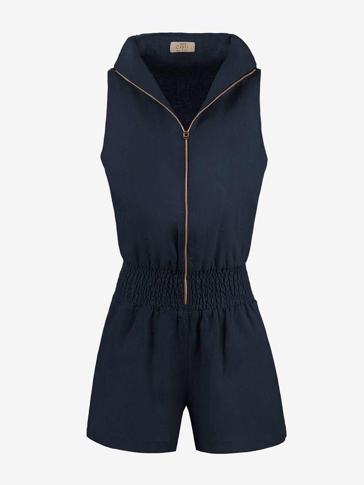 Tuta Zip  for woman 100% Capri blue linen jumpsuit front